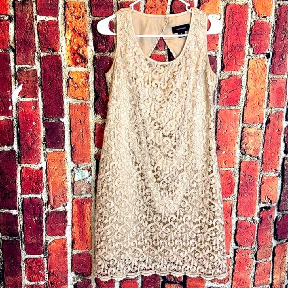 R&M Richards Lace overlay Gold Sleeveless women’s Dress size 8 made in USA